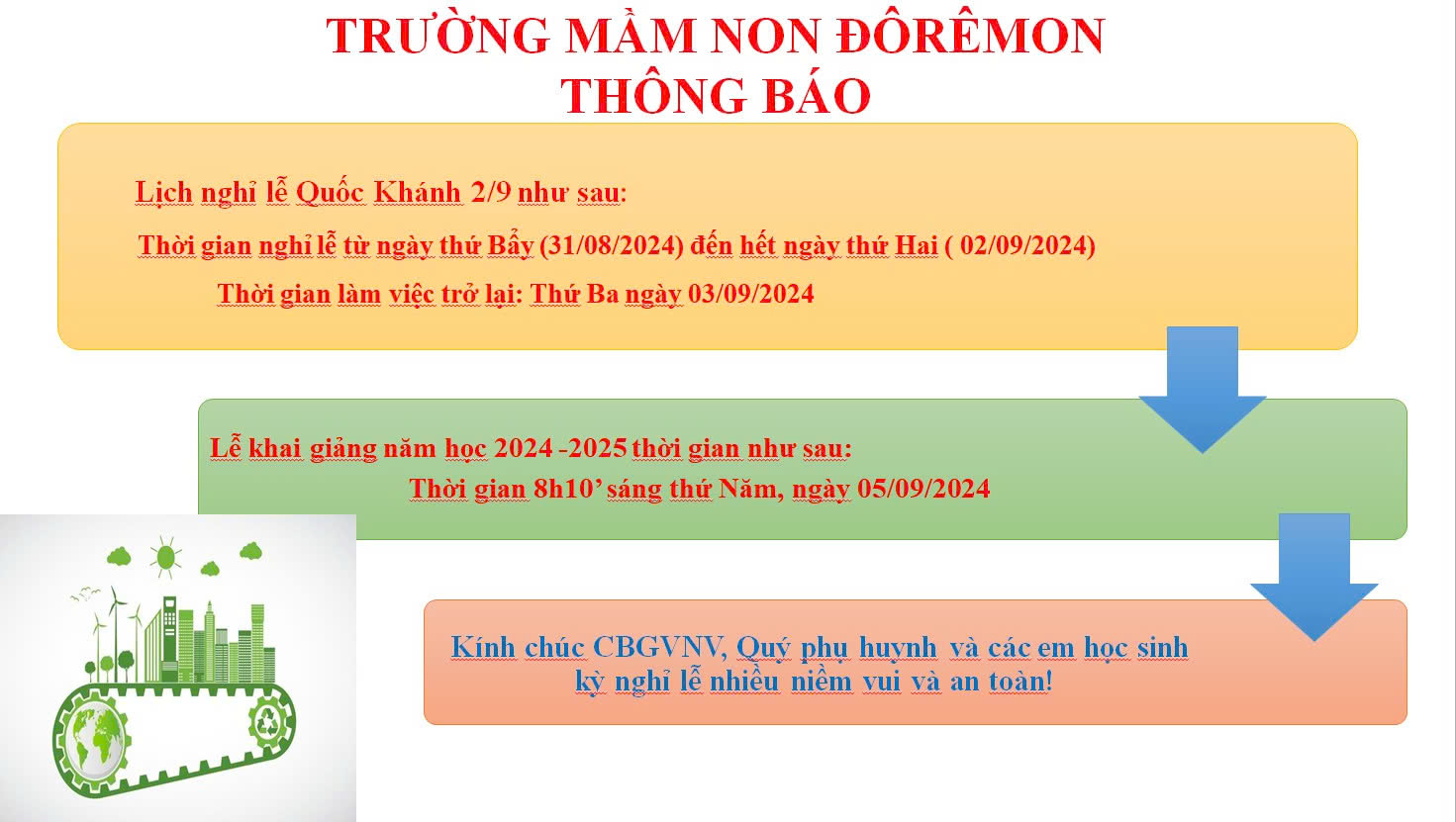 THÔNG BÁO  v/v nghỉ lễ Quốc Khánh 2/9 - Năm 2024  & Lễ khai giảng năm học 2024 - 2025