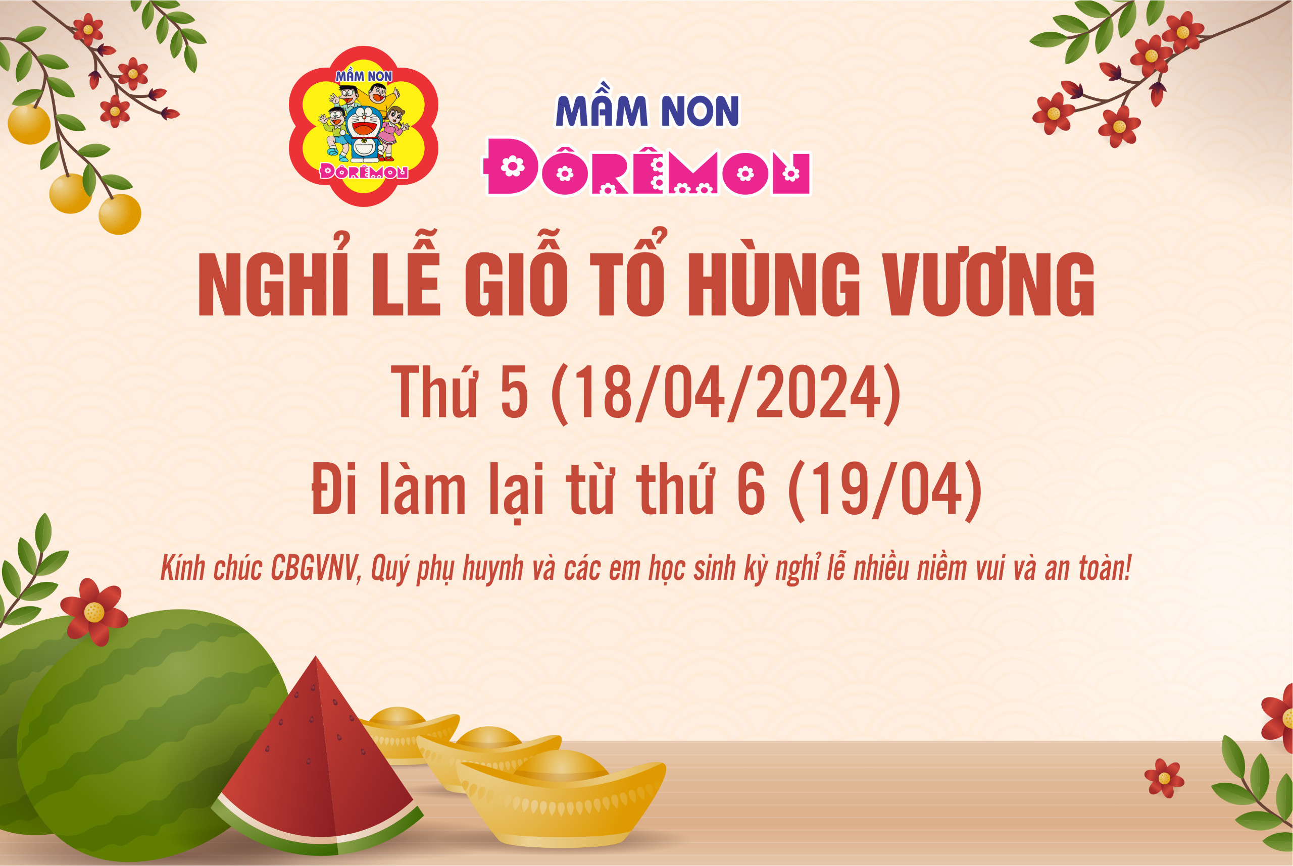 THÔNG BÁO V/ v Nghỉ lễ Giỗ tổ Hùng Vương- ngày Chiến thắng 30 tháng 4 và ngày Quốc tế lao động 01 tháng 5 năm 2024